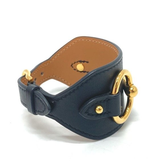 HERMES Horsebit Accessories bangle Bracelet Vo Swift Black/Gold - Picture 4 of 11